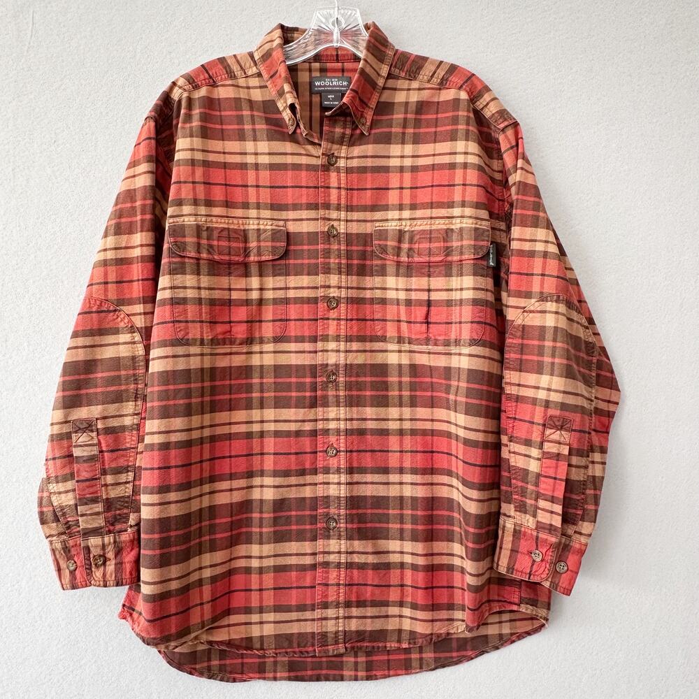 Woolrich Mens Large Red Orange Brown Plaid Classic Long Sleeve Button Work Shirt